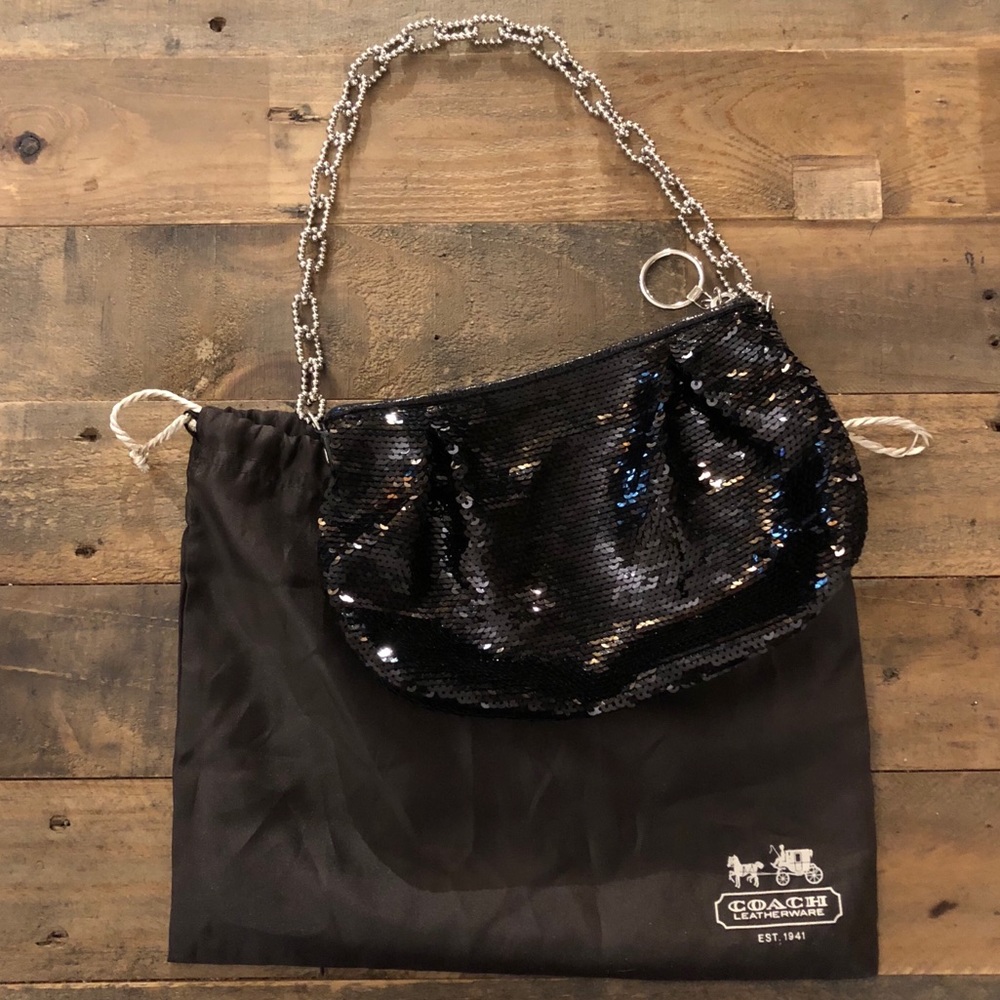 Coach: Black Sequin Silver Detail Small Bag/Clutch